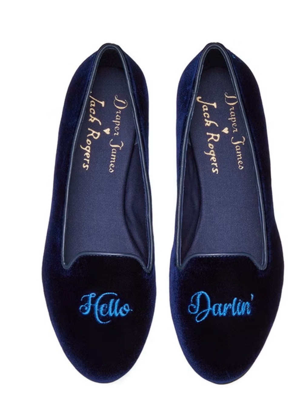 Jack Rogers and Draper James Collab Navy Velvet Embroidered “Hello Darlin” Flats